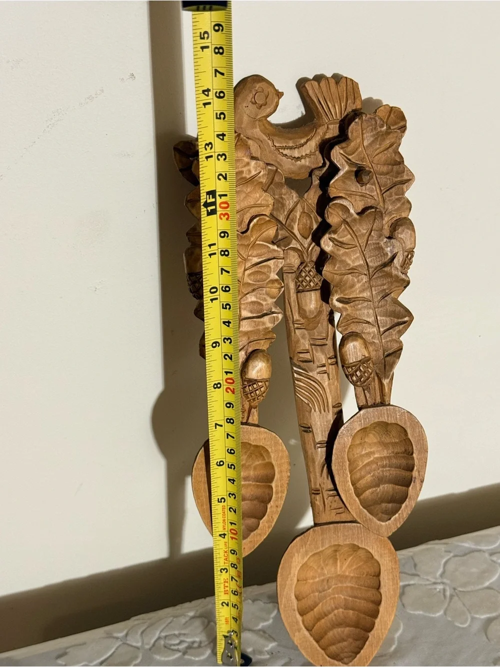 Carved Wooden Wall Hook Trio in Natural Brown